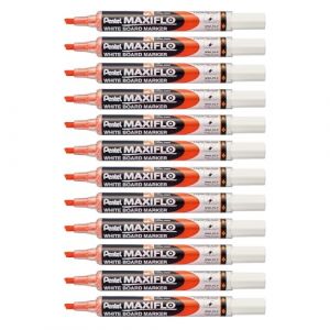 Pentel Maxiflo Lot de 12 marqueurs effa&ccedil;ables &agrave; sec tableau blanc Pointe biseaut&eacute;e moyenne Encre liquide Orange