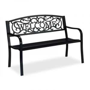 Relaxdays Banc de Jardin, Motif Bienvenue, 2, r&eacute;sistant aux intemp&eacute;ries Anti Rouille si&egrave;ge, HlP 87x127x61, Noir