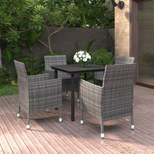 VidaXL Mobilier &agrave; d&icirc;ner de jardin coussins 5 pcs R&eacute;sine tress&eacute;e Verre - Gris