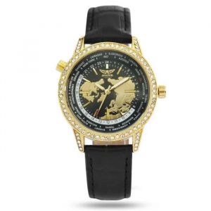 Montre Aviateur Aviator Dorée Ronde Pour Femme Strass Bracelet Cuir Noir