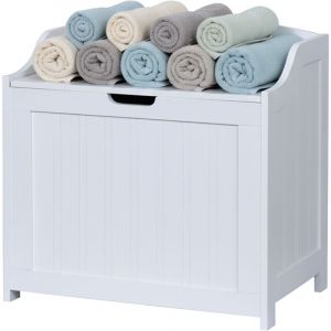 Relaxdays Coffre &agrave; linge, 80 L, pour le linge et les jouets, salle de bain, avec couvercle, MDF, blanc