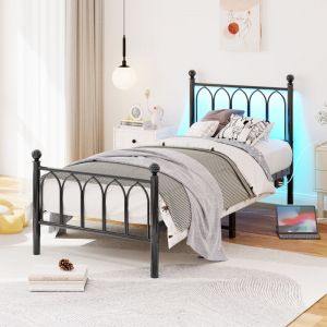 Lit enfant 1 place 90x200 cm, lit simple avec port USB et &eacute;clairage LED, cadre en m&eacute;tal style vintage, sans matelas, noir