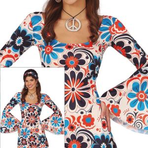 FIESTAS GUIRCA Déguisement Hippie Fleur Femme - Robe Hippie Courte Années 70 avec Motif Fleur et Bandeau Hippie - Déguisement Disco Années 60 pour Femme Taille S