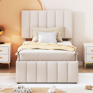 Lit simple Lit enfant Lit capitonné 90 x 200 cm avec gigogne et tiroirs, revêtement en lin doux pour la peau, beige