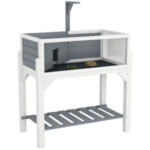 Pawhut Maison pour tortue - terrarium tortue terrestre - sur pieds 2 zones, toit ouvrant et zone interactive - bois - 90 cm - gris