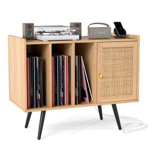COSTWAY Meuble Vinyle avec Prise Rangement Vinyle pour 220 Albums Rangement CD/DVD Manga pour Salon Chambre 80x40x65cm Naturel
