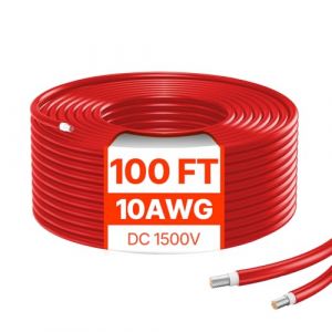 VEVOR Câble d'Extension de Panneau Solaire, 30,48 m, Calibre du Fil 10 AWG, CC 1500 V, Étanche IP67, pour Panneaux Solaires Domestiques, de Bateaux, Camping-cars, Toits, Systèmes Hors Réseau, Rouge
