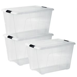 Iris Ohyama Boite Rangement Plastique avec Couvercle, 45L, Lot de 3, Transparent, Clips de Fermeture, Poignée, Empilable, pour Chambre, Dressing,