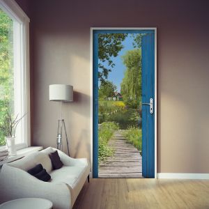 Plage Sticker porte, ponton au bord d'un marais avec une nature verdoyante, 204 cm X 60 cm