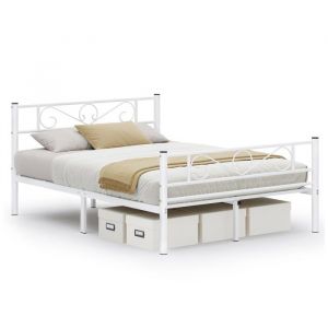 Lit Double - Blanc - 140 X 190 Cm - Métal - Montage Facile - 2 Places