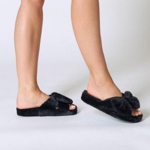 Iconic : Chaussons fourrure à n?ud noir