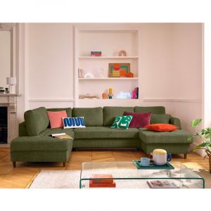 Anna - canap&eacute; panoramique d'angle gauche 7 places convertible avec coffre en velours textur&eacute; - Vert Olive