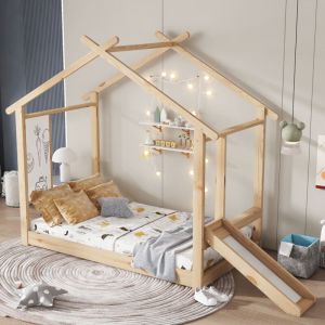 Lit cabane pour enfants 90x200cm - avec toboggan - avec tableau blanc inscriptible - avec sommier à lattes - Bois massif + MDF - Naturel (sans