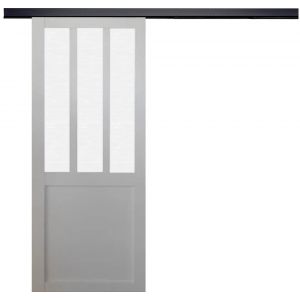Porte Coulissante Atelier blanc vitre depoli H204 x L73 + Rail Alu bandeau noir GD MENUISERIES
