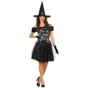 FIESTAS GUIRCA D&eacute;guisement de sorci&egrave;re araign&eacute;e paillet&eacute;e pour femme, Comprend un chapeau de sorci&egrave;re et une robe de sorci&egrave;re noire avec motif toile d'araign&eacute;e, Costume d'Halloween pour femme taille M