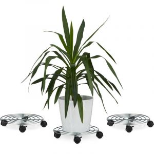 Image de Relaxdays Porte Plantes à roulettes, Lot de 3, avec Freins Support Pot de Fleurs Rond en métal HxLxP: 6 x 32 x 32 cm, argenté