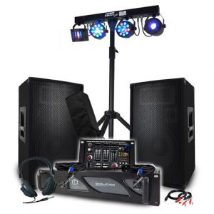 Bm sonic Pack Sono 3200W Amplificateur 1000W, Paire d'Enceintes 2x600W, Table de Mixage, Portique + 48 effets lumières EUPHORIA