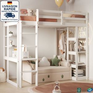 MODFU - Lit mezzanine enfant en bois 90×200cm avec bureau et étagère, 1 tringle à vêtements, antichute, sans matelas, blanc