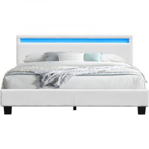 Angel - Solide et Confortable Lit 140x200 avec Sommier + Tête de Lit avec Eclairage led Couleur blanc + Pieds en 10 cm pour matelas en - 2 x 13