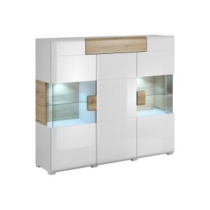 Image de Buffet haut 3 portes 1 tiroir avec LED Jules Blanc et Bois