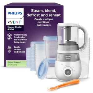 Philips Robot cuiseur-vapeur et mixeur Coffret cadeau - Robot cuiseur-mixeur 4 en 1 pour b&eacute;b&eacute;, cuit &agrave; la vapeur, mixe, d&eacute;cong&egrave;le et r&eacute;chauffe, avec pots de conservation, SCF883/20