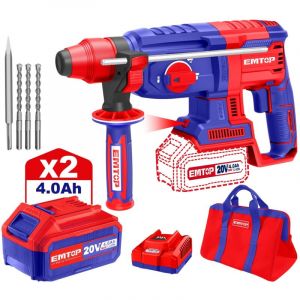 Emtop - Marteau perforateur burineur sans fil 20v avec 1 chargeur + 2 batteries 4.0ah lithium-ion moteur brushless avec 3 forets et 1 burin rotatif