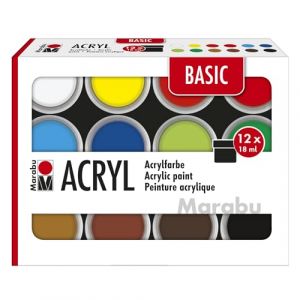 Marabu Acrylics Set BASIC, 12 x 18 ml couleurs satinées, facile à peindre, séchage rapide, résistant à la lumière, résistant aux intempéries, 1210000000214