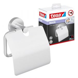 Tesa MOON dérouleur papier toilette avec couvercle, l'élégant support à papier wc en métal chromé impressionne par son design arrondi classique et son montage simple, 53 mm x 140 mm x 128 mm