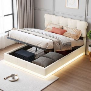 Lit 160x200 cm - DAIDAI - tissu en velours - LED - hydraulique - sommier - lit double 160x200 cm - Beige