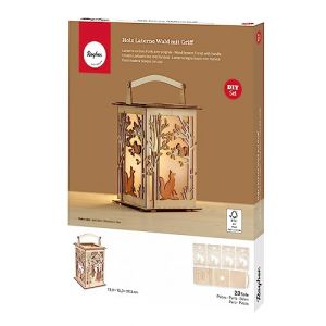 Rayher Kit de construction pour lanterne FORET, bois naturel, 23 pces, 15,3X15,3X26,5cm, FSC Mix Credit, lampion pour LED, arts cr&eacute;atifs, F&ecirc;te de la Saint Martin-64030505