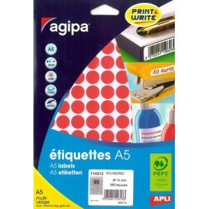 Agipa 114313 - 960 pastilles adhésives rouges, diamètre 15 mm (10 feuilles A5 / cdt)