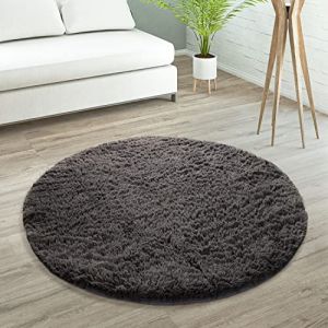 Paco Home - Tapis De Salon Poils Longs Fausse Fourrure Shaggy Moelleux Monochrome Anthracite, 80 cm rond