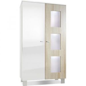 Vitrine Armoire haute Commode Denjo en Blanc mat - haute brillance - Porte en Chêne brut avec éclairage led - Porte en Chêne brut avec éclairage led