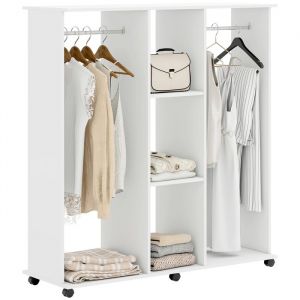 Homcom Armoire penderie - mobile 6 roulettes - 2 barres de penderie - 2 tablettes au milieu - en bois - 120 x 40 x 128 cm - blanc