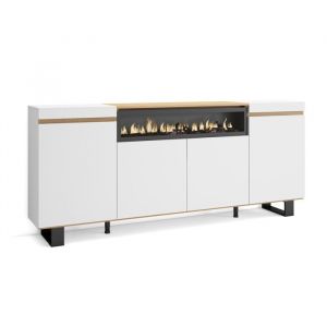 Skraut Home - Buffet salon et cuisine, Meuble de Rangement, Commode, 200x35x87cm, 4 Portes, Chemin&eacute;e &eacute;lectrique, Design industriel, Style moderne,