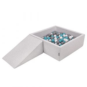 KiddyMoon Aire De Jeux En Mousse Avec Carré Piscine À Balles (200 Balles) Pour Enfants, Gris Clair: Gris-Blanc-Turquoise, Pente