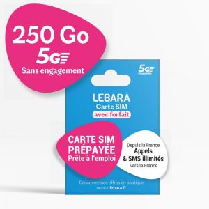 Lebara - Carte SIM Prépayée 250 Go 5G SFR - Appels & SMS Illimités France - 7 Go Europe - Sans Engagement 30 Jours