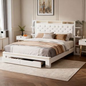 Cadre de lit 140x190 cm, LED, USB, avec Sommier &agrave; Lattes, lit double, Velours, Blanc