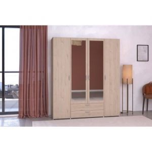 Parisot Armoire 4 portes 2 miroirs 2 tiroirs effet bois