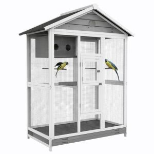 Pawhut Grande cage oiseau - 4 perchoirs bac à litière coulissant 2 portes - pour canaris et perruches - gris