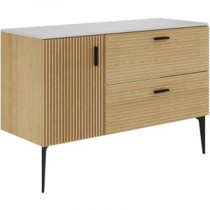 Meuble sous vasque strié sur pieds avec planche - 1 porte et 2 tiroirs - Naturel clair - 120 cm - SARONE