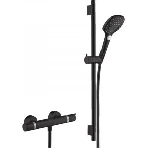 Image de Hansgrohe Set de douche Mitigeur Ecostat Comfort + Barre Unica 65 cm + Douchette 3 jets Raindance 120 Select E, Noir mat