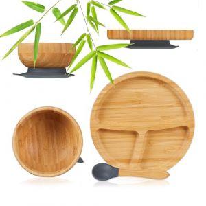 Image de Relaxdays Vaisselle enfant avec ventouse, set 3 pi&egrave;ces, assiette, bol, cuill&egrave;re, bambou, compartiment&eacute;e, naturel/gris