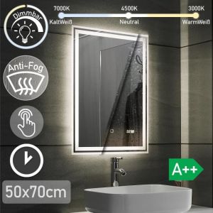 Image de Aquamarin Miroir Salle de Bain LED - 50x70 cm, CEE A++, Tactile, Mural, Horloge Num&eacute;rique, Anti-Bu&eacute;e - Miroir Lumineux, Cosm&eacute;tique