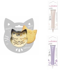 Kit pour biscuit en relief Chat + 2 Stylos au chocolat blanc et lilas