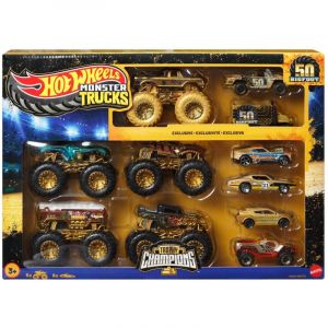 Mattel Trophy Champions Coffret véhicules Monster Trucks avec Bigfoot, 5-Alarm, Bone Shaker, Mega-Wrex et Tiger Shark et 6 voitures en métal