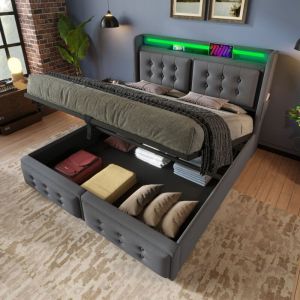 Lit coffre Lit double Lit adulte 160 x 200 cm avec tête de lit led et fonction de chargement usb c, en coton, gris, sans matelas