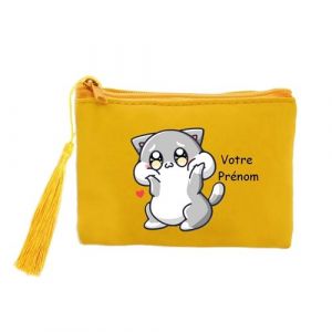 Porte Monnaie et cles Jaune Chat Kawaii Personnalisable