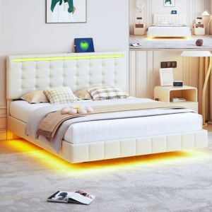 Lit 160x200 cm avec LED et port USB, structure de lit flottant 160x200 cm avec sommier &agrave; lattes, tissu en lin, beige