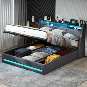 Lit coffre 140x190 cm avec sommier en bois massif - &eacute;clairage led, port de charge usb, lit double adulte, lin - Gris